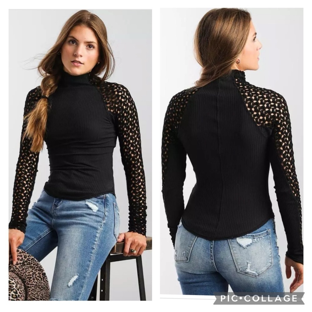 Free People Clemente Mock Neck Ribbed Crochet Sleeves Top XS
